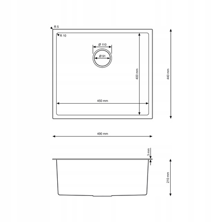 ZLEWOZMYWAK JEDNOKOMOROWY ZLEW KUCHENNY STALOWY 49x44 cm STAL INOX + SYFON