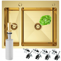 ZLEWOZMYWAK KUCHENNY ZŁOTY STALOWY 1,5 KOMORA DOZOWNIK OCIEKACZ SYFON 61x51