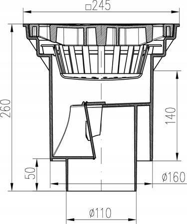 KRATKA ŚCIEKOWA 110/160 NA ZEWNĄTRZ Z KLAPKĄ ANTYZAPACHOWĄ 250 l/min 1500kg