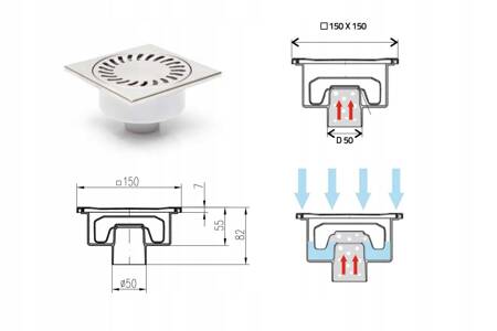KRATKA ŚCIEKOWA 15x15 Kratka Odpływowa 50mm WPUST ANTYZAPACHOWY Suchy Syfon